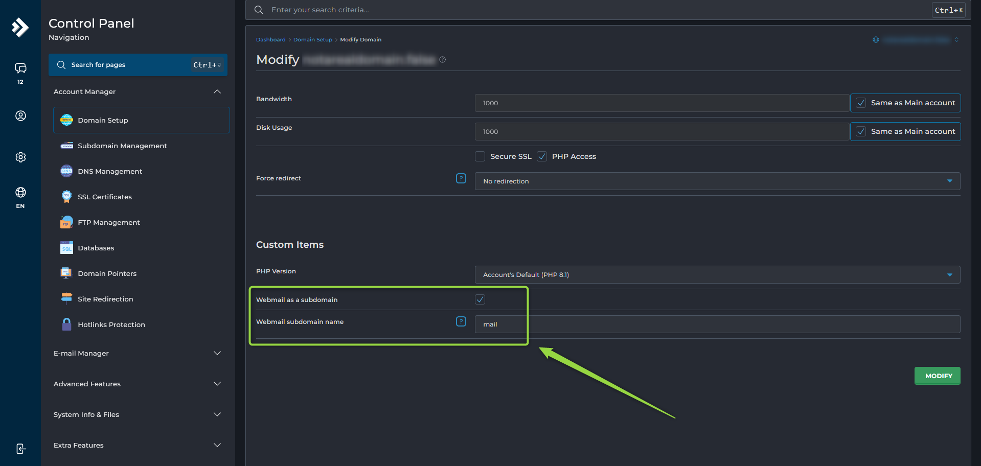 Webmail as a Subdomain Settings